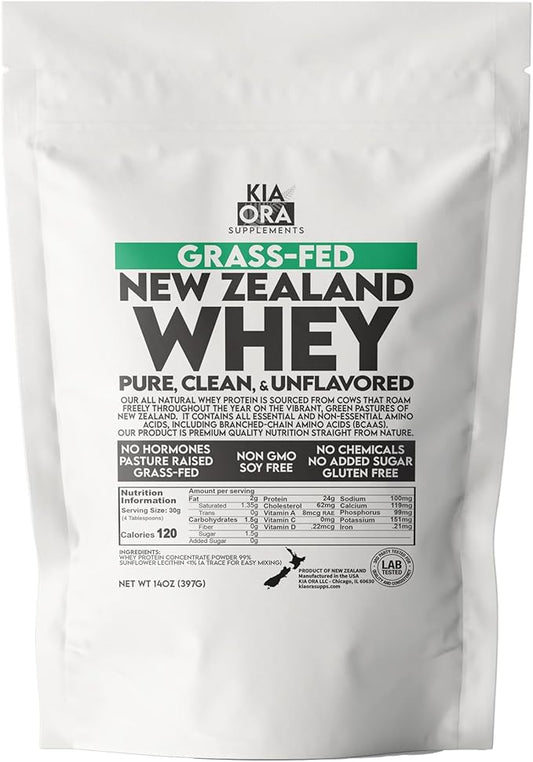 NEW ZEALAND 100% GRASS-FED Whey Protein, Pure, Clean, Undenatured, and Unflavored. Ethically Pasture Raised, Regeneratively Farmed, Soy Free, GMO Free, No Added Sugar, No Additives, No Hormones. 14oz