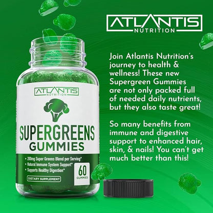 Supergreens Gummies - Daily Green Superfoods Supplement with Spinach, Broccoli, Moringa, Beet Root, Celery, Green Tea, & Acai for Immunity Support - Natural Raspberry Flavor, 60 Supergreen Gummies