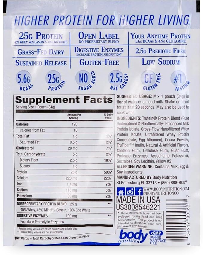 Body Nutrition Trutein High Protein Powder: 45% Whey, 45% Casein, 10% Egg White, Gluten-Free, Low Sodium, Grass Fed Whey Protein Powder, Gym Supplement & Breakfast Shake, Banana Cream, 34g Sample