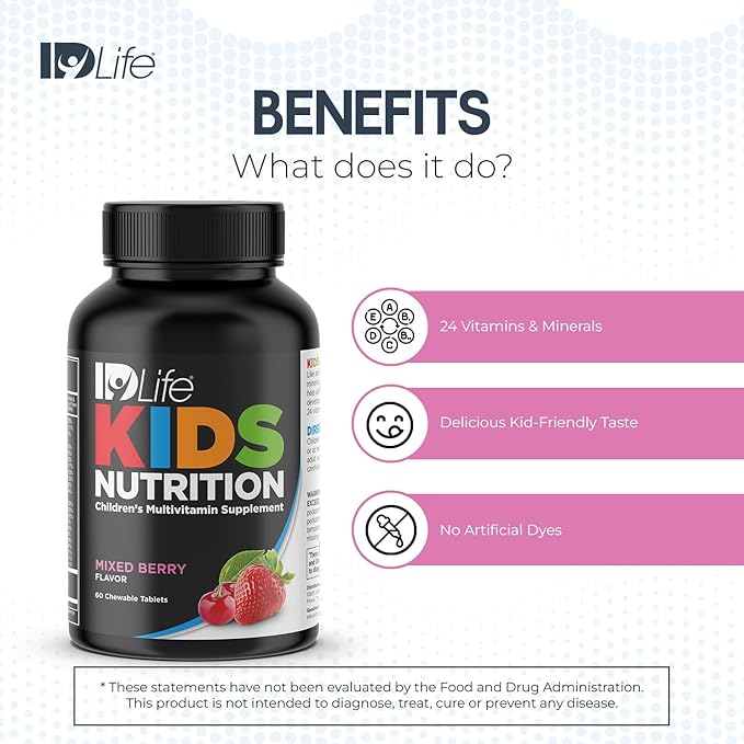 IDLife | Kids Nutrition - Mixed Berry Flavor | Essential 24 Vitamins and Minerals for Growing Bodies | Daily Nutritional Support - 60 Chewable Tablets