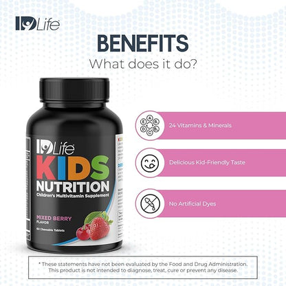 IDLife | Kids Nutrition - Mixed Berry Flavor | Essential 24 Vitamins and Minerals for Growing Bodies | Daily Nutritional Support - 60 Chewable Tablets