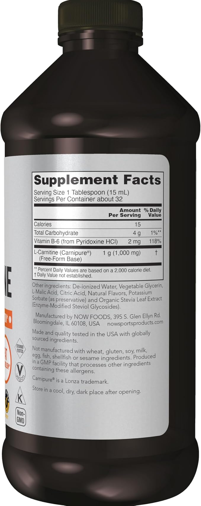 NOW Sports Nutrition, L-Carnitine Liquid 1,000 mg, Highly Absorbable, Tropical Punch, 16-Ounce