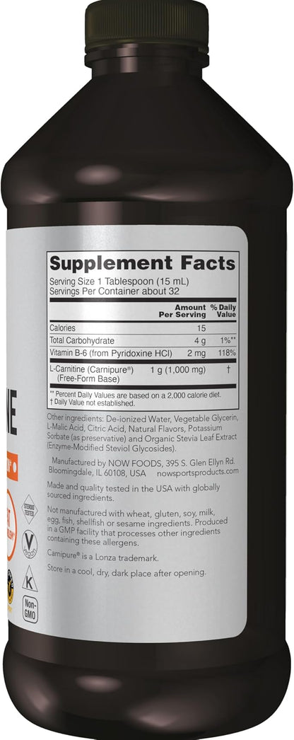 NOW Sports Nutrition, L-Carnitine Liquid 1,000 mg, Highly Absorbable, Tropical Punch, 16-Ounce