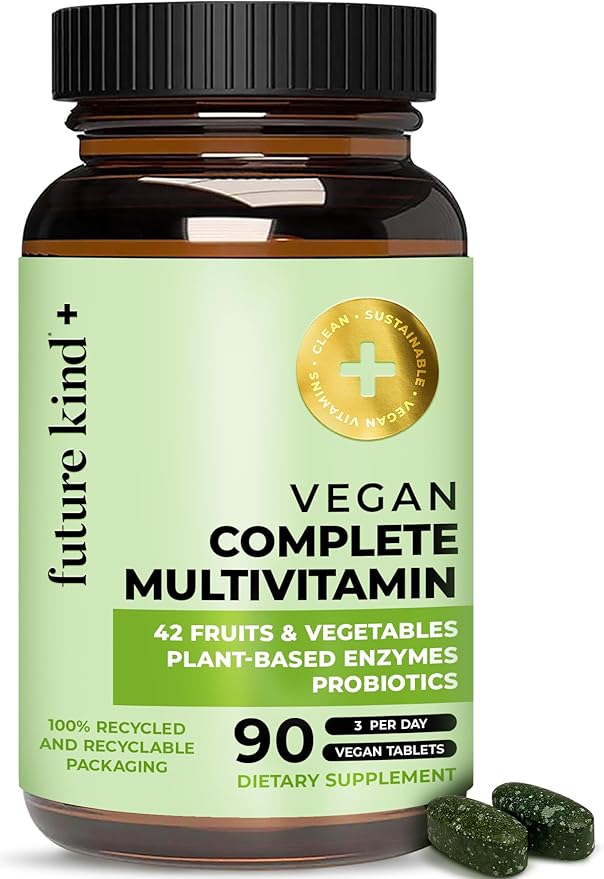 Future Kind Vegan Multivitamins Complete (90tabs in Recycled Bottle) - 42-in-1 Vegan Multivitamins for Women & Men - Multivitamin w Enzymes & Probiotics for Digestion - Vegan Vitamins w B12 & Zinc