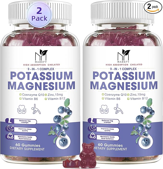 Potassium Magnesium Gummies 1800mg, Sugar-Free Potassium Gummies with Magnesium Glycinate, Taurate, Malate, Chewable Magnesium Potassium Supplements for Leg Cramps & Muscle, Heart Health (2 Pack)