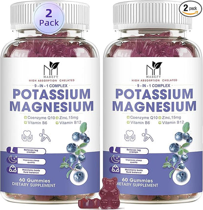 Potassium Magnesium Gummies 1800mg, Sugar-Free Potassium Gummies with Magnesium Glycinate, Taurate, Malate, Chewable Magnesium Potassium Supplements for Leg Cramps & Muscle, Heart Health (2 Pack)
