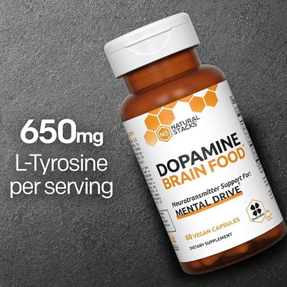 NATURAL STACKS Dopamine Focus Supplement w/L-Tyrosine - Promotes Mental Drive, Clarity & Focus - Dopamine Brain Food Supplement - Supports Mental Energy - 120 Capsules