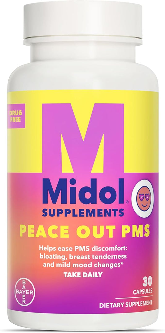 MIDOL Supplements Peace Out PMS, PMS Support Supplement, Formulated with Chasteberry to Help Ease Breast Tenderness & Mild Mood Changes, Also with Ginger Powder & Valerian Extract, 30 Count