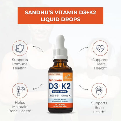 Sandhu's Vitamin D3 K2 Drops for Adults | 5000 IU D3 Liquid, 120mcg K2 Supplement | Supports Immune Health | 1 Fl Oz (Pack of 2)