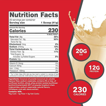 Ketologic Keto Meal Replacement Shake Powder for Optimal Results + MCT Oil + Grass-Fed Whey - Perfectly Formulated Macros for Ketosis - 20 Servings - Vanilla