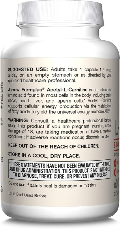 Jarrow Formulas Acetyl L-Carnitine 500 mg, Dietary Supplement, Amino Acid Support for Brain Health and Antioxidants, 60 Veggie Capsules, 60 Day Supply