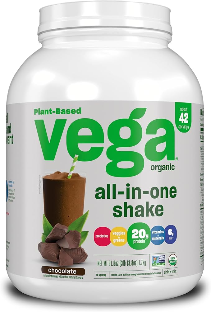 Vega Organic All-in-One Vegan Protein Powder, Chocolate - Superfood Ingredients, Vitamins for Immunity Support, Keto Friendly, Pea Protein for Women & Men, 61.8 Oz (Packaging May Vary)
