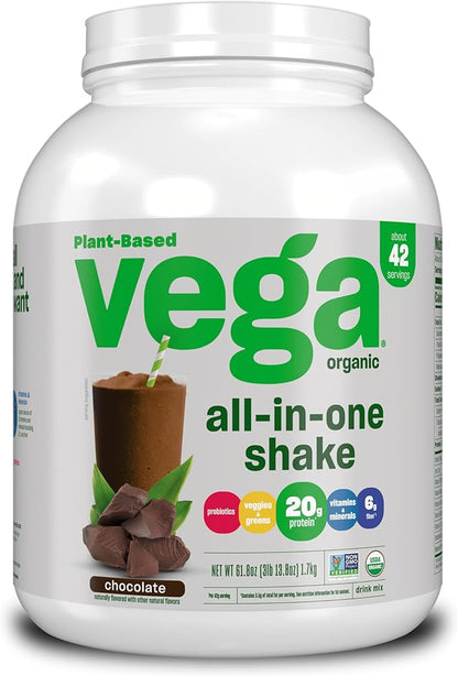 Vega Organic All-in-One Vegan Protein Powder, Chocolate - Superfood Ingredients, Vitamins for Immunity Support, Keto Friendly, Pea Protein for Women & Men, 61.8 Oz (Packaging May Vary)