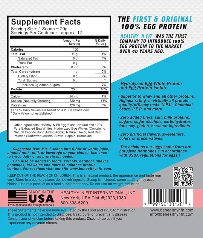 Healthy N Fit 100% EGG PROTEIN- Strawberry (12oz): 100% Egg White Protein PLUS Natural Peptides. Naturally Sweetened, Zero Carb, Keto, Paleo Friendly