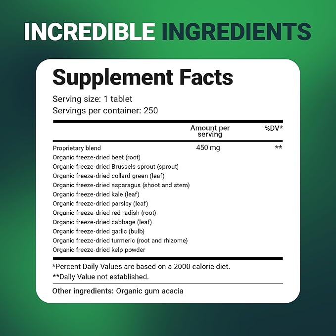 Dr. Berg's Greens Superfood Cruciferous Vegetable Tablets - Vegetable Supplements for Adults w/ 11 Phytonutrient Super Greens Tablets - Energy, Immune System & Liver Veggie Tablets - 250 Tablets