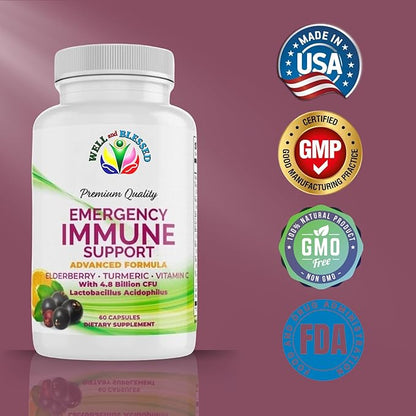 Emergency Immune Support - 60 Capsules - Elderberry, Turmeric, Vitamin C - Advanced Formula Capsules with Artificial Additives - Vegan Friendly