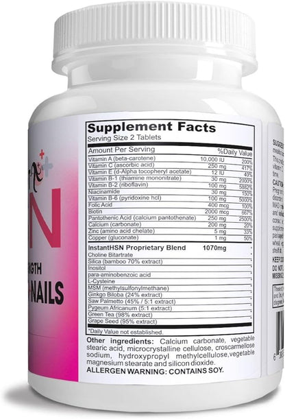 Instant HSN All-Natural Hair, Skin, and Nails Strengthening Formula Maximum Strength Purest Biotin Hair Growth Supplement, Complete Blend of Daily Hair, Skin, and Nails Supplement.
