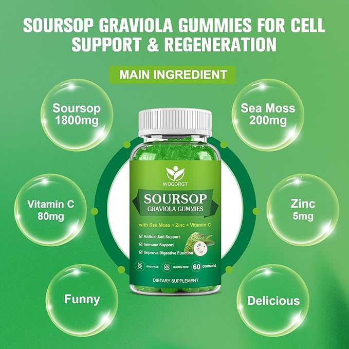 Soursop Graviola Gummies - Soursop Multivitamin Gummies with 200mg Sea Moss Extract for Antioxidant, Cell Support & Regeneration, Immune Support, Vegan, Apple Flavor - 60 Gummies