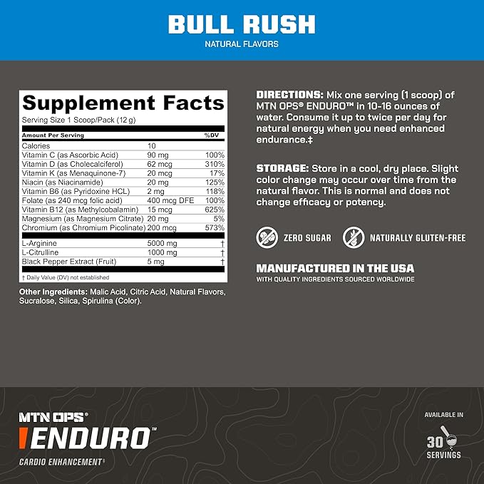 MTN OPS Enduro Nitric Oxide Supplement & Stim-Free Pre Workout - 30 Servings - with Magnesium Citrate, Beet Root Powder, Niacinamide, L Arginine & L Citrulline - Bull Rush Flavor