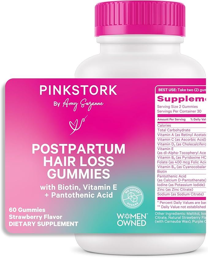Pink Stork Postpartum Hair Loss Gummies - Biotin with Vitamin E, Pantothenic Acid, B6 & B12 for Beautiful & Strong Hair, Skin, and Nails - Postpartum Essentials for New Moms - 60 Gummy Vitamins