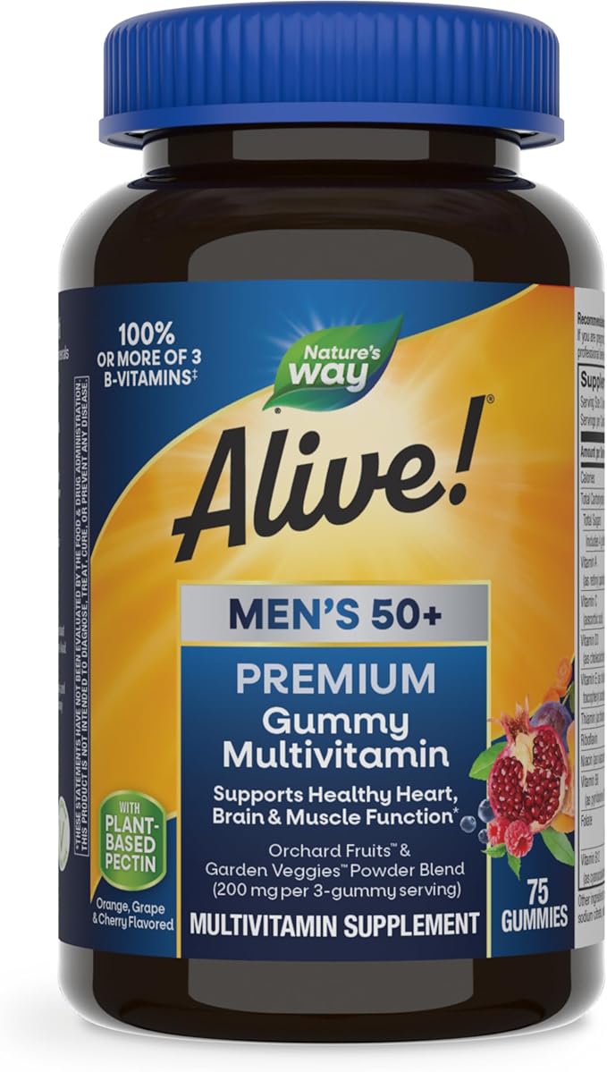 Nature’s Way Alive! Men’s 50+ Premium Gummy Multivitamin, Supports Healthy Heart, Brain & Muscle Function*, B-Vitamins, Vegetarian, Grape, Orange and Cherry Flavored, 75 Gummies (Packaging May Vary)