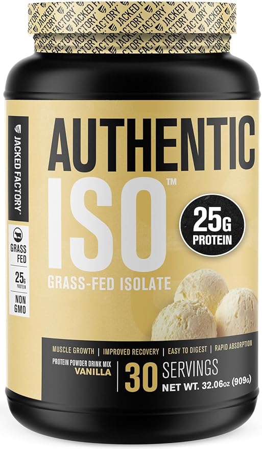 Jacked Factory Authentic ISO Grass Fed Whey Protein Isolate Powder - Low Carb, Non-GMO Muscle Building Protein w/No Fillers, Mixes Perfectly for Post Workout Recovery, Vanilla - 2LB, 30 SV