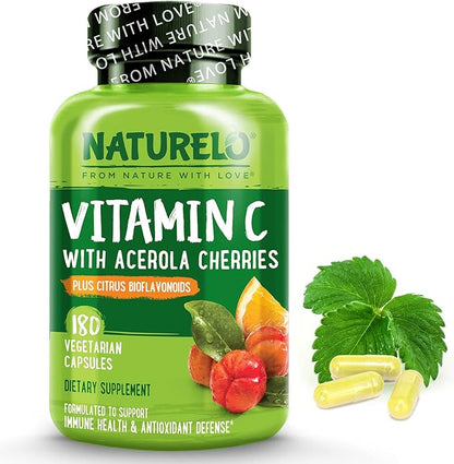 NATURELO Vitamin C with Organic Acerola Cherry Extract and Citrus Bioflavonoids - Vegan Supplement - Immune Support - 500 mg VIT C per Cap - Non-GMO - 180 Capsules
