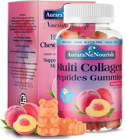 Multi Collagen Peptides Gummies, Sugar Free Hydrolyzed 5000mg Protein丨Type I,II,III,V,X with Biotin Hyaluronic Acid Vitamin C A D B6 B12 L-Glutathione for Skin Hair Nail Joint Bone -Peach Gummies
