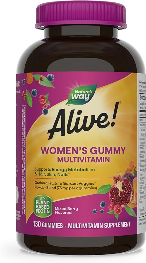 Nature's Way Alive! Women's Daily Gummy Multivitamins, 16 Vitamins & Minerals, Energy Metabolism*, Hair Skin & Nails*, Vegetarian, Mixed Berry Flavored, 130 Gummies (Packaging May Vary)