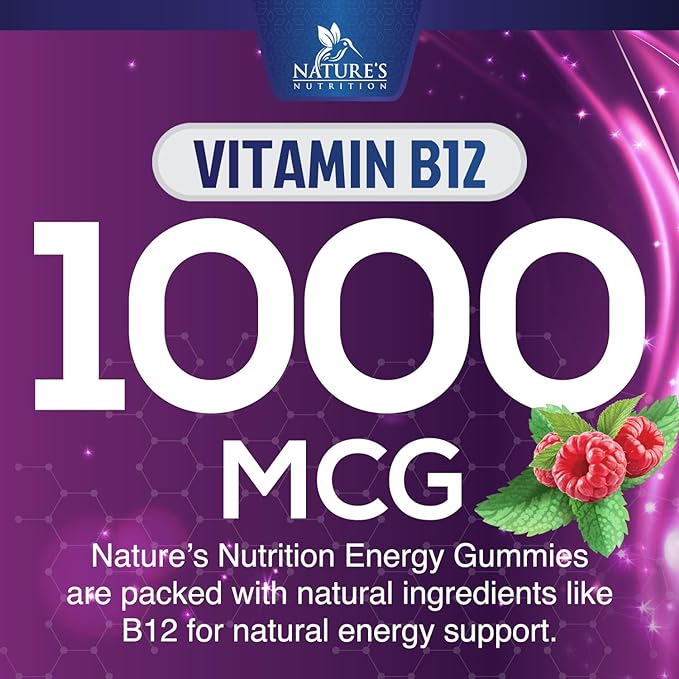 Energy Gummies Vitamin B12, Green Tea Natural Caffeine Support, Extra Strength 1000 mcg Daily Energy Vitamins, Delicious Berry Flavor Gluten Free Chewable Supplement for Cycling & Running - 120 Chews
