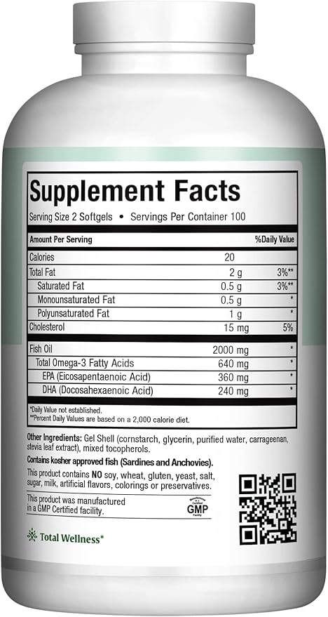 Omega 3 Supplement - Omega-3 Fish Oil 2000mg - Natural Source of EPA & DHA - Heart, Brain & Joint Health - Kosher Certified Wild Caught Marine Fish - 200 Vegetarian Softgels by Maxi Health