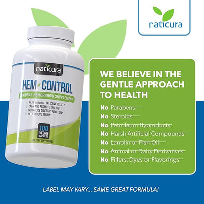 Hem-Control - Fast Effective Hemorrhoid Treatment Supplement - Powerful Formula to Promote Symptom Relief, Shrinking of Hemorrhoids, Ease Discomfort - 180 Vegan Capsules - Made in USA