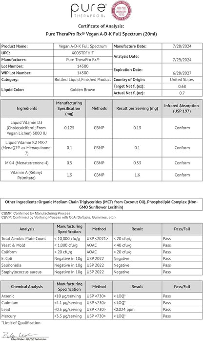Pure TheraPro Rx Vegan A-D-K Drops-6 Mon Supply-Vitamin A(Palmitate & Betacarotene),Liposomal Vitamin D3(as vegan cholecalciferol),Liposomal Vitamin K2(MK-4 & MK-7)Supports Immunity & Bone Health-20mL