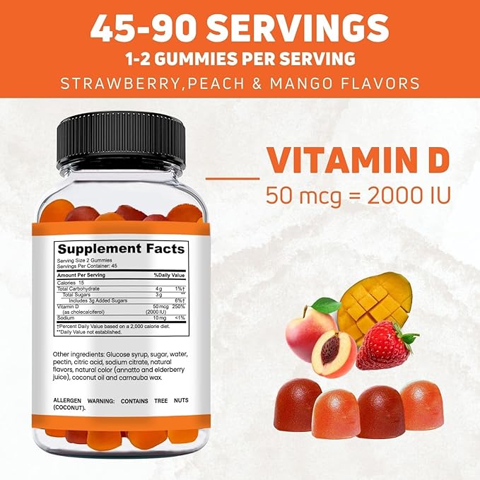 Vitamin D Gummies. Vegetarian Vitamin D3 Gummies Made for Adults & Kids for Immune Support, Bone & Joint Strength, & Heart Health. Non-GMO, Gluten-Free, and Gelatin-Free. 45-90 Servings