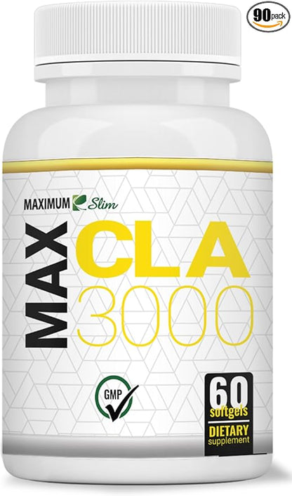 Maximum Slim MAX CLA 3000, High Potency, Natural Weight Loss Exercise Enhancement, Increase Lean Muscle Mass, Non-Stimulating, Non-GMO 95% Pure CLA, 90 Count
