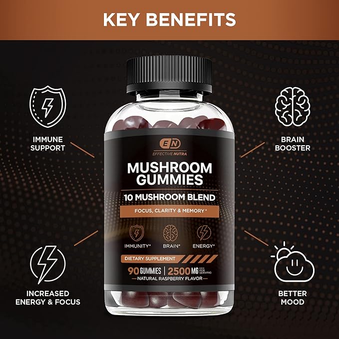 Mushroom Gummies 10 Blend - Mushroom Complex 2500mg - Mushroom Supplement for Men & Women - Brain Booster, Immune Support, Energy 90ct (2-Pack)