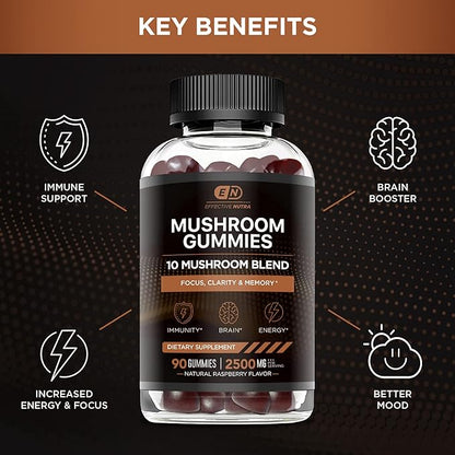 Mushroom Gummies 10 Blend - Mushroom Complex 2500mg - Mushroom Supplement for Men & Women - Brain Booster, Immune Support, Energy 90ct (2-Pack)