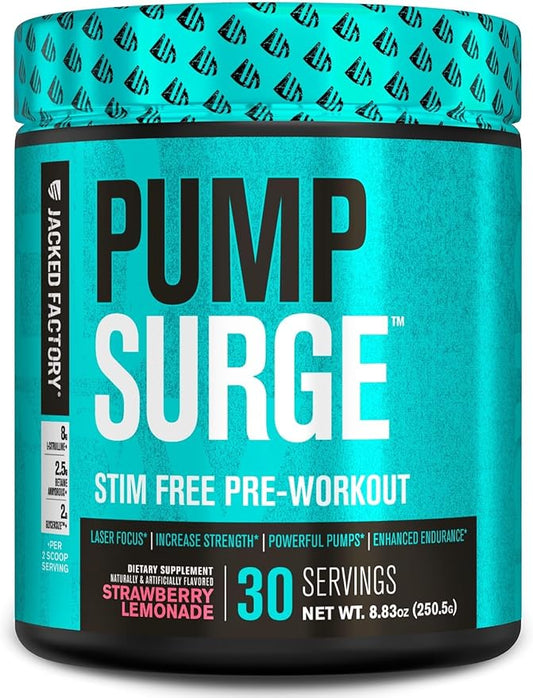 Jacked Factory Pumpsurge Caffeine Free Pre Workout for Men & Women - Nootropic Booster & Stim Free Pre Workout - Intense Pumps, Enhanced Focus - 30 Servings, Strawberry Lemonade