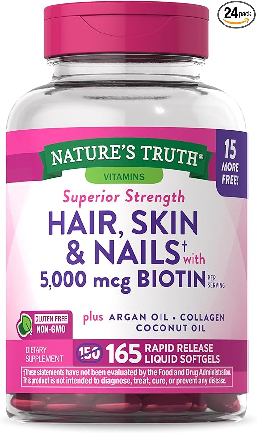 Nature's Truth Hair, Skin & Nails Vitamin | 5000mcg Biotin | 165 Softgels | with Collagen | Non-GMO & Gluten Free Supplement