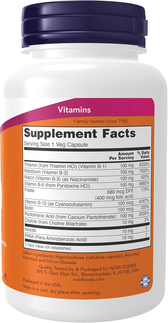 NOW Foods Supplements, Vitamin B-100, Energy Production*, Nervous System Health*, 100 Veg Capsules