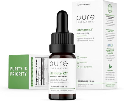 Pure Therapro Rx Ultimate K2 Supplement | Liquid Liposomal Vitamin K2 Drops | 90 Servings | 600mcg Vegan K2 as MK4 & MenaQ7 MK7 | Supports Bone Health, Heart Health, Skin & Hair | 10 mL