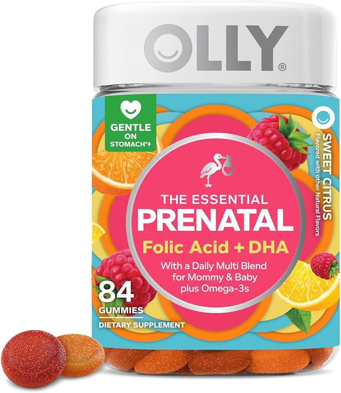 OLLY Essential Prenatal Gummy Multivitamin, Folic Acid, Vitamin D, Omega 3 DHA, Supports Healthy Growth and Brain Development, Citrus Berry - 84 Count