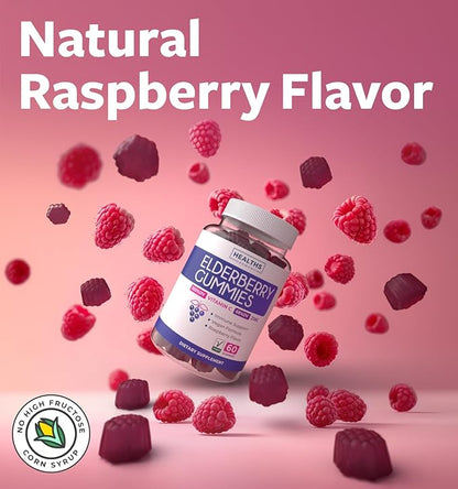 Elderberry Gummies for Adults with Vitamin C & Zinc (1 Months Supply) 60 Delicious Raspberry Flavor Gummy - Immune Support Supplement for Adults - Vegetarian Sambucus Elderberry Gummies (No Pills)