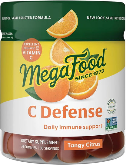 MegaFood C Defense Daily Immune Support Supplement - Chewable Vitamin C Gummies, Tangy Citrus Flavor, Made with Real Food Like Orange & Cranberry, Vegan, Gluten-Free - 70 Gummy Vitamins, 35 Servings