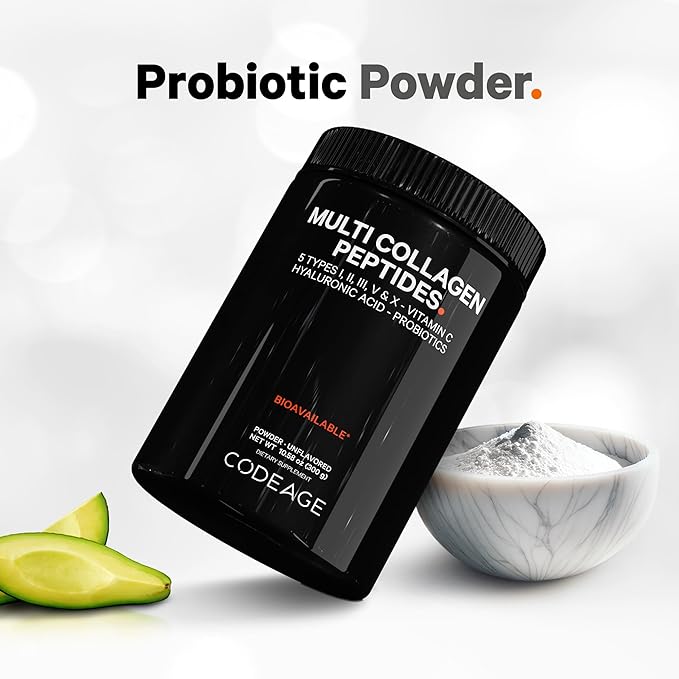 Codeage Multi Collagen Peptides Powder + Probiotics Black Edition, Vitamin C, Hyaluronic Acid Powder Supplement, Grass-Fed, Hydrolyzed, Zero Carbs, Type I, II, III, V & X, Unflavored, 10.58oz