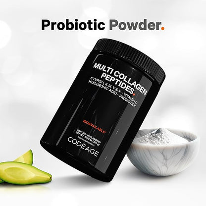 Codeage Multi Collagen Peptides Powder + Probiotics Black Edition, Vitamin C, Hyaluronic Acid Powder Supplement, Grass-Fed, Hydrolyzed, Zero Carbs, Type I, II, III, V & X, Unflavored, 10.58oz