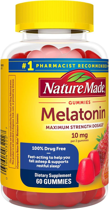 Nature Made Melatonin 10mg per serving Gummies, Maximum Strength Dosage, 100% Drug Free Sleep Aid for Adults, 60 Melatonin Gummies, 30 Day Supply