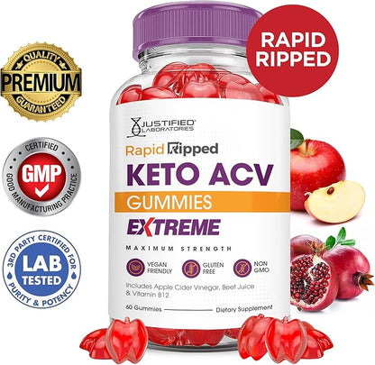 Rapid Ripped Keto ACV Gummies Extreme 2000MG Rapidripped Keto Gummies Apple Cider Vinegar Formulated with Pomegranate Beet Juice Powder B12 Vegan Non GMO 60 Gummys