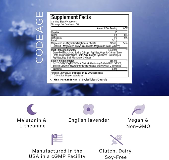 Codeage Multi Collagen Protein Beauty Night - Melatonin, Magnesium Bisglycinate, 5-HTP, L-Theanine, English Lavender Flower, Bone Broth - Vitamins - Supplement - Sleep Pills - Non-GMO - 150 Capsules
