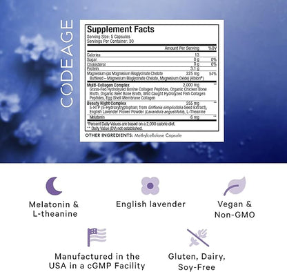 Codeage Multi Collagen Protein Beauty Night - Melatonin, Magnesium Bisglycinate, 5-HTP, L-Theanine, English Lavender Flower, Bone Broth - Vitamins - Supplement - Sleep Pills - Non-GMO - 150 Capsules